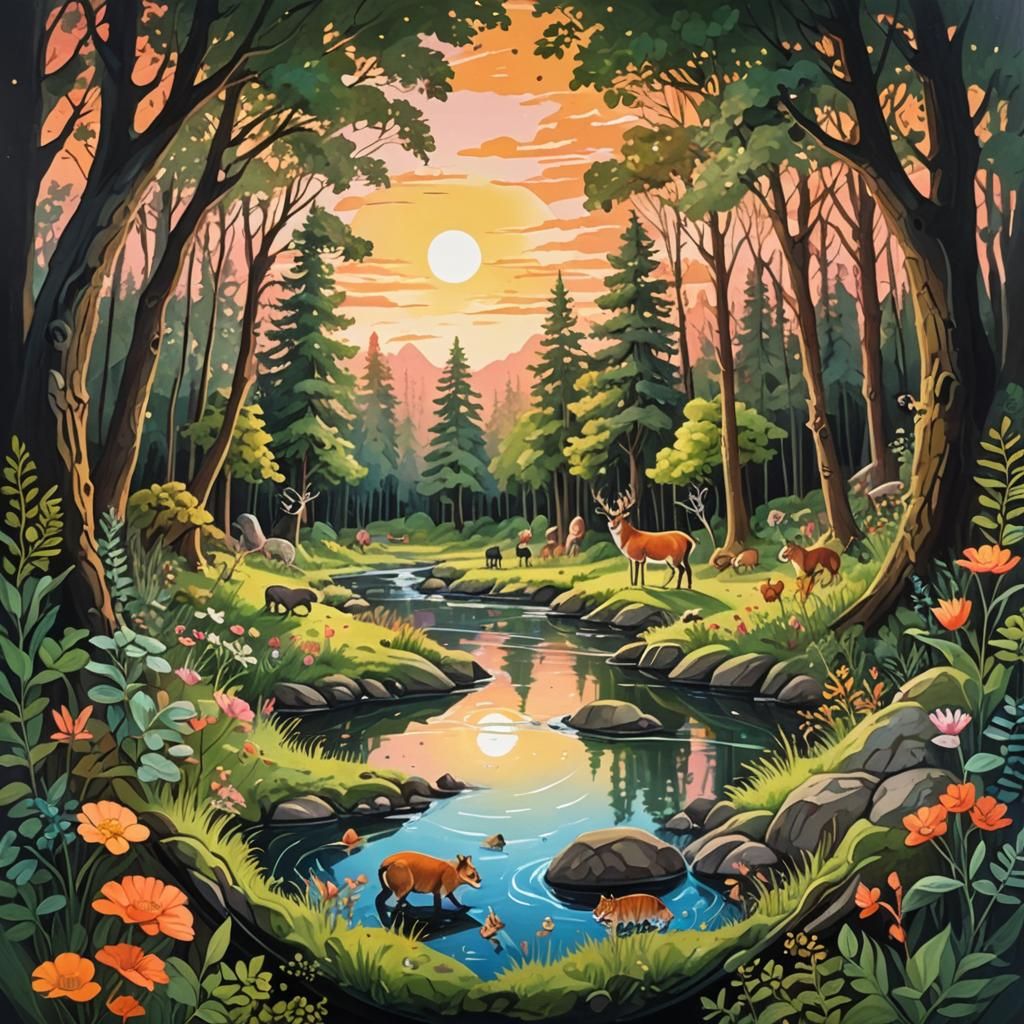 Forest in a Sphere: Gouache Painting with Sunset