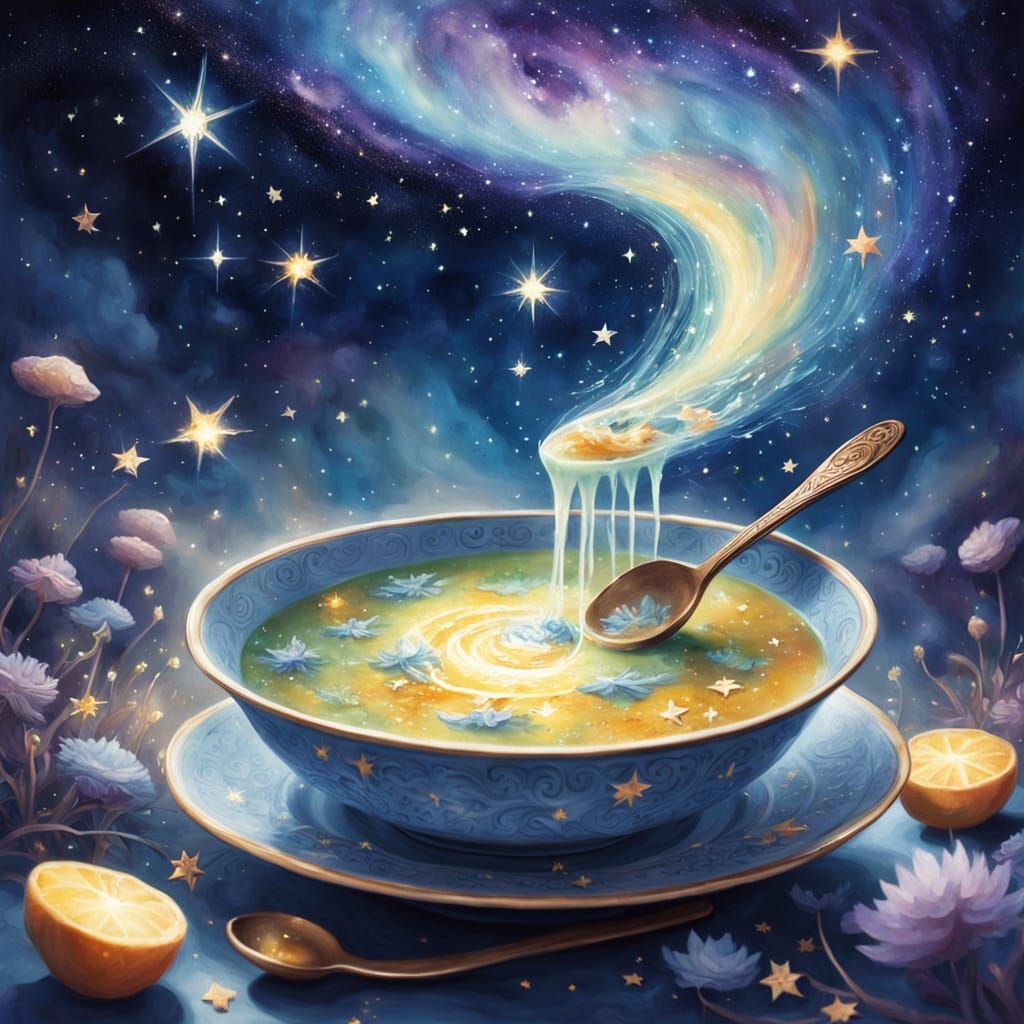 Enchanted Soup in Cosmic Watercolor Style