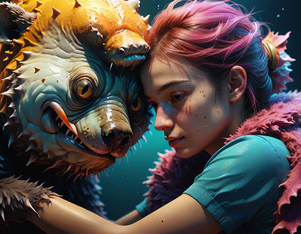 Hyper-Realistic 3D Portrait of an Anglerfish Woman Cuddling ...