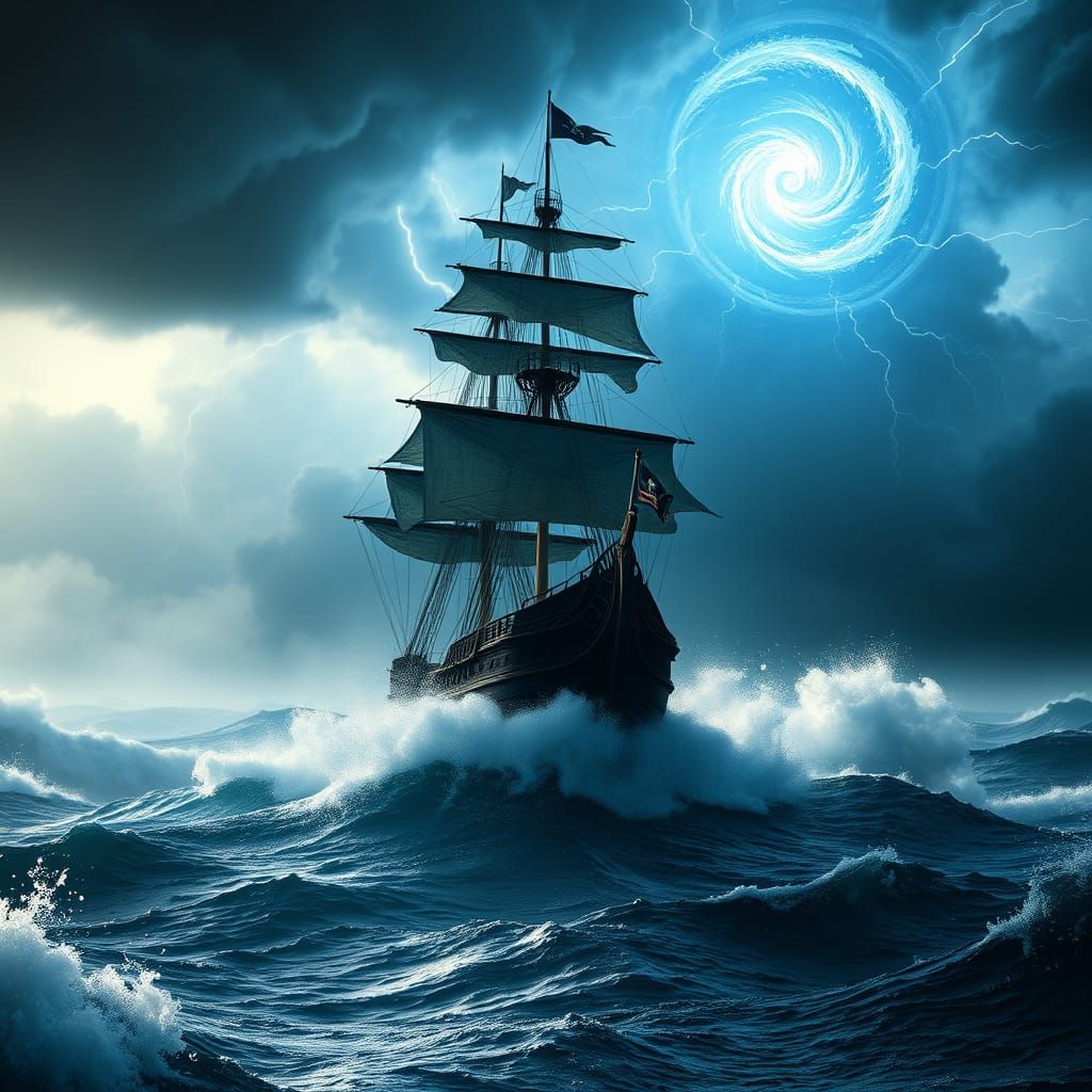 Majestic Pirate Galleon Sails Through Turbulent Stormy Ocean