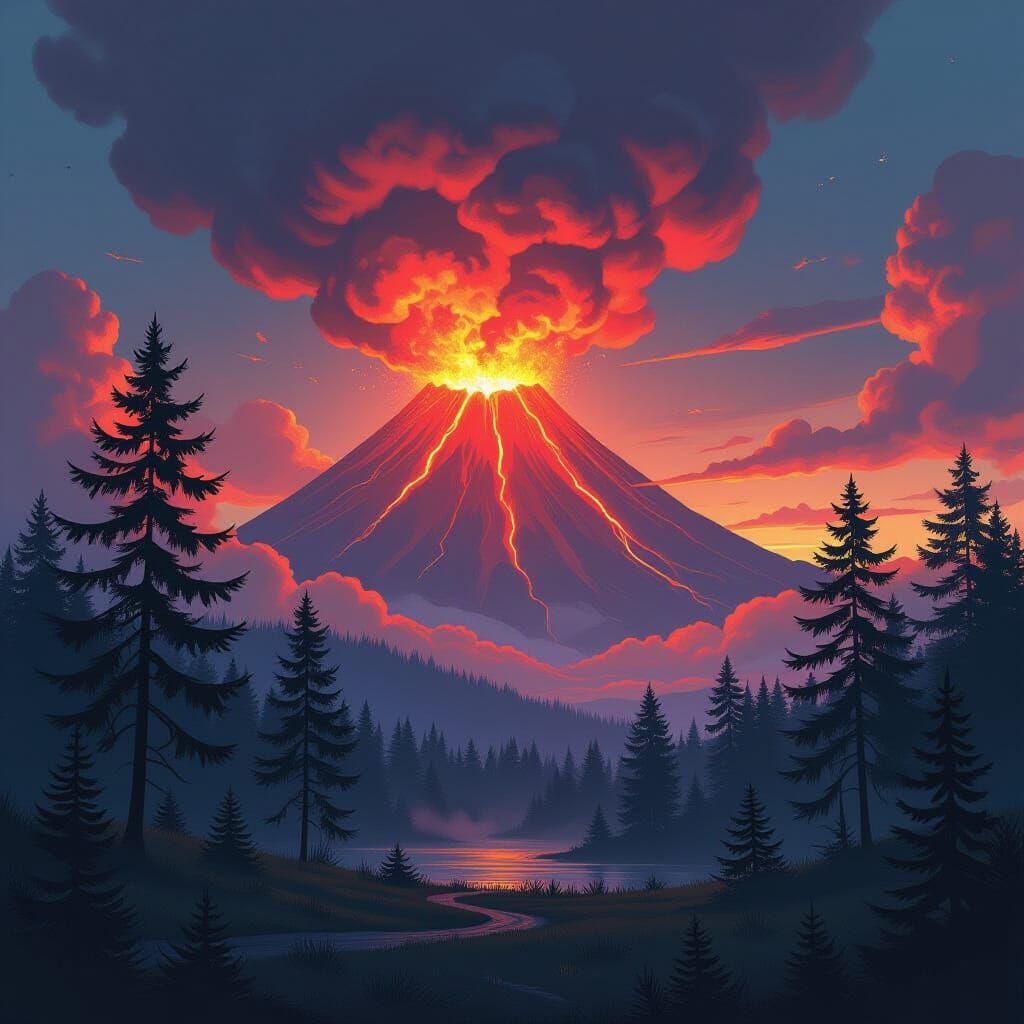 Forest Fire Contrast: Volcanic Eruption Meets Serene Trees