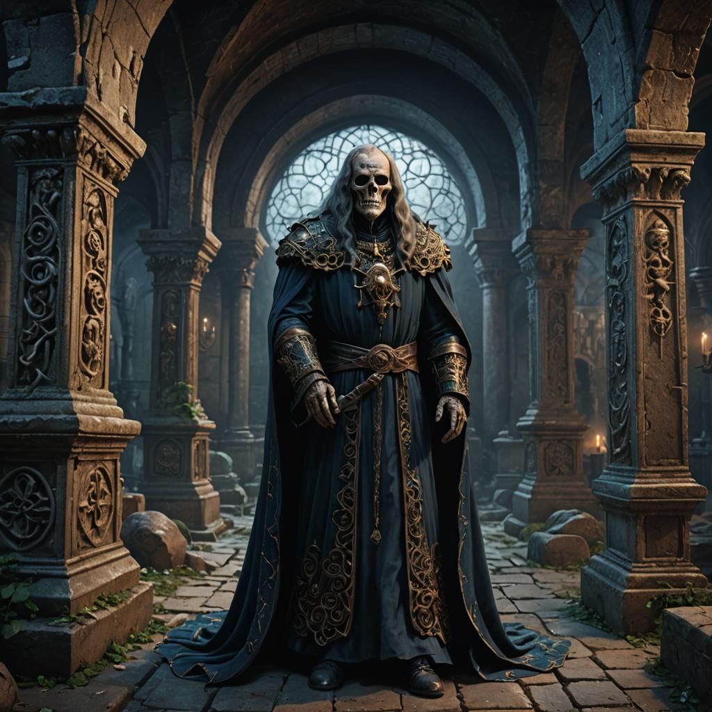 Hyperrealistic Crypt Lord in Detailed Crypt