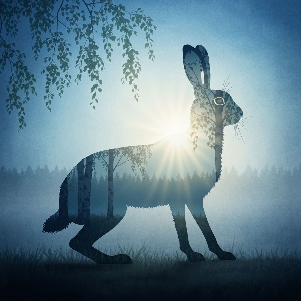 Double Exposure Hare Silhouette with Misty Forest