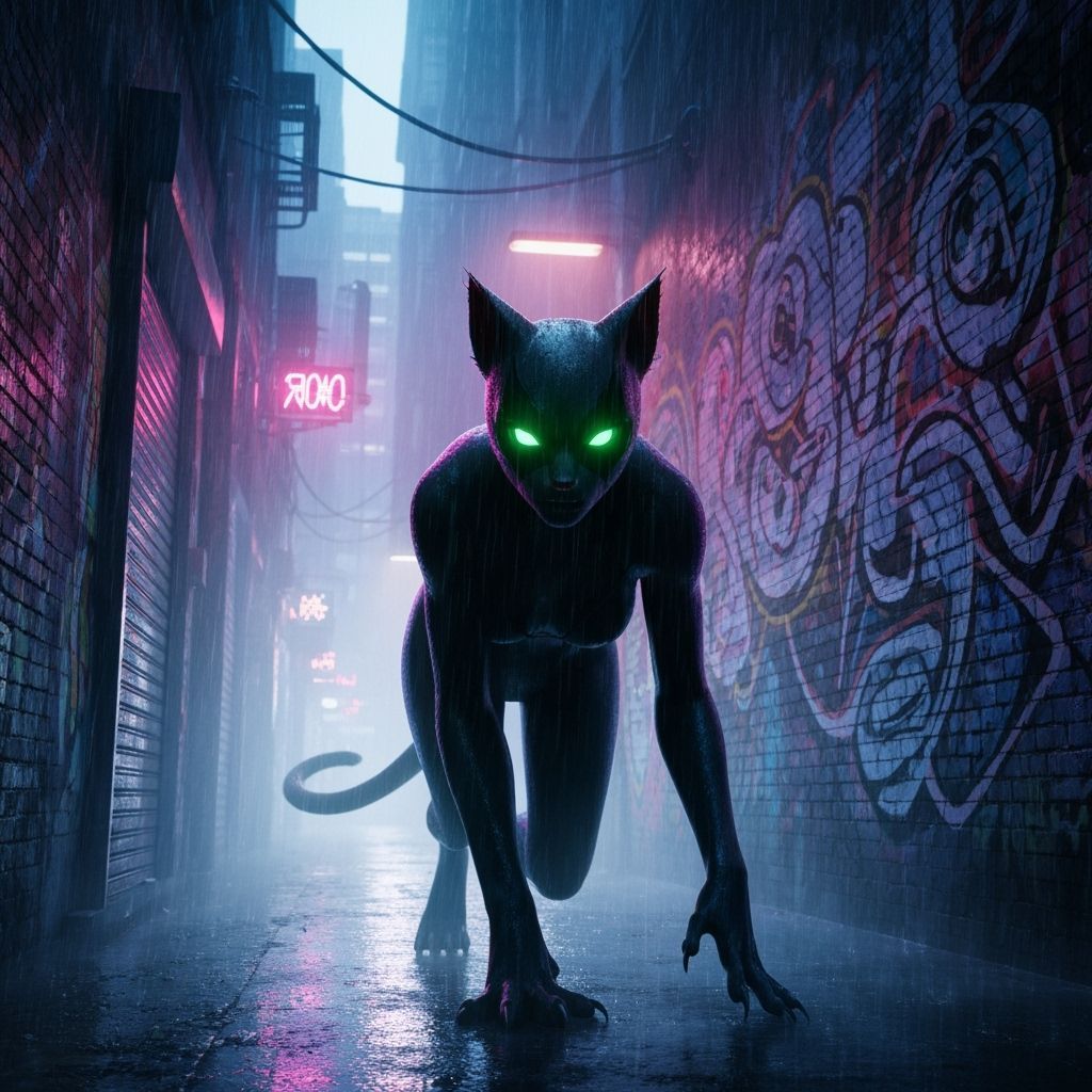 Neon Catwoman Prowls Rain-Slicked Alleyway