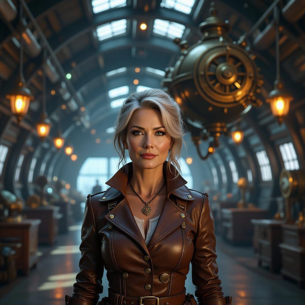 Steampunk Woman in Airship Hangar, Hyperrealistic 8k