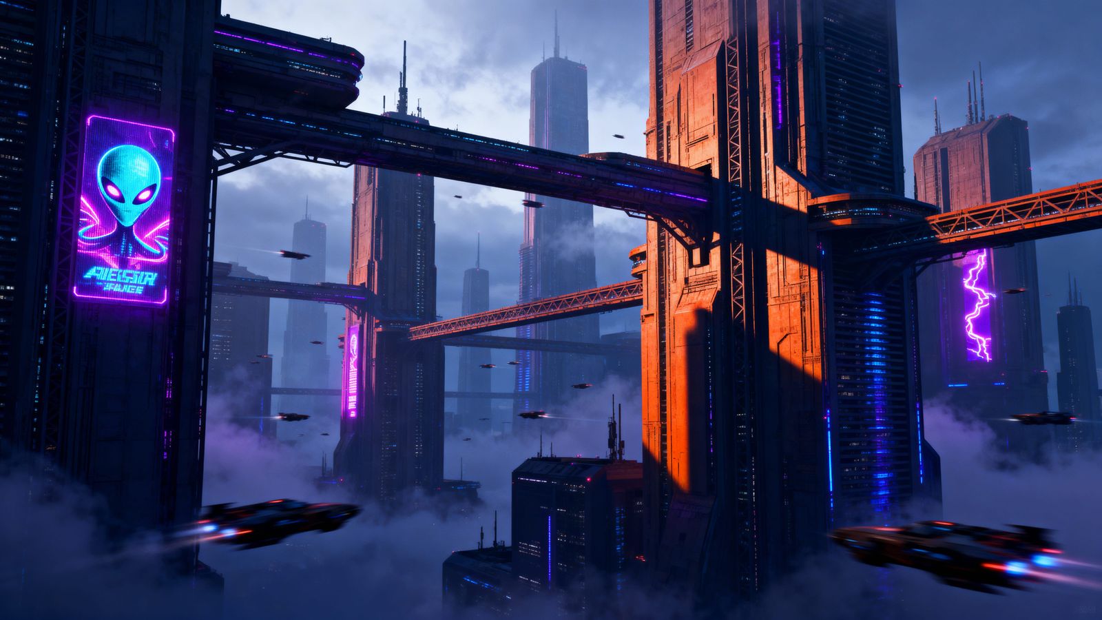 Futuristic Cityscape Neon Glow Concept Art