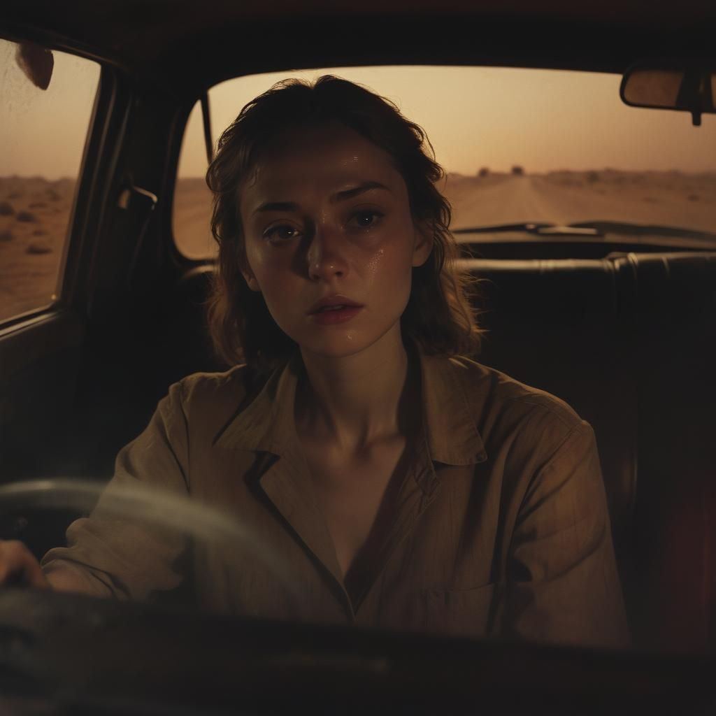 Woman Drives at Night: Noir Oil Painting