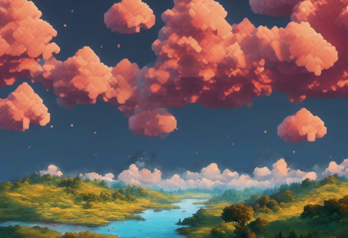 Hyperrealistic Landscape with Pixel Art Clouds