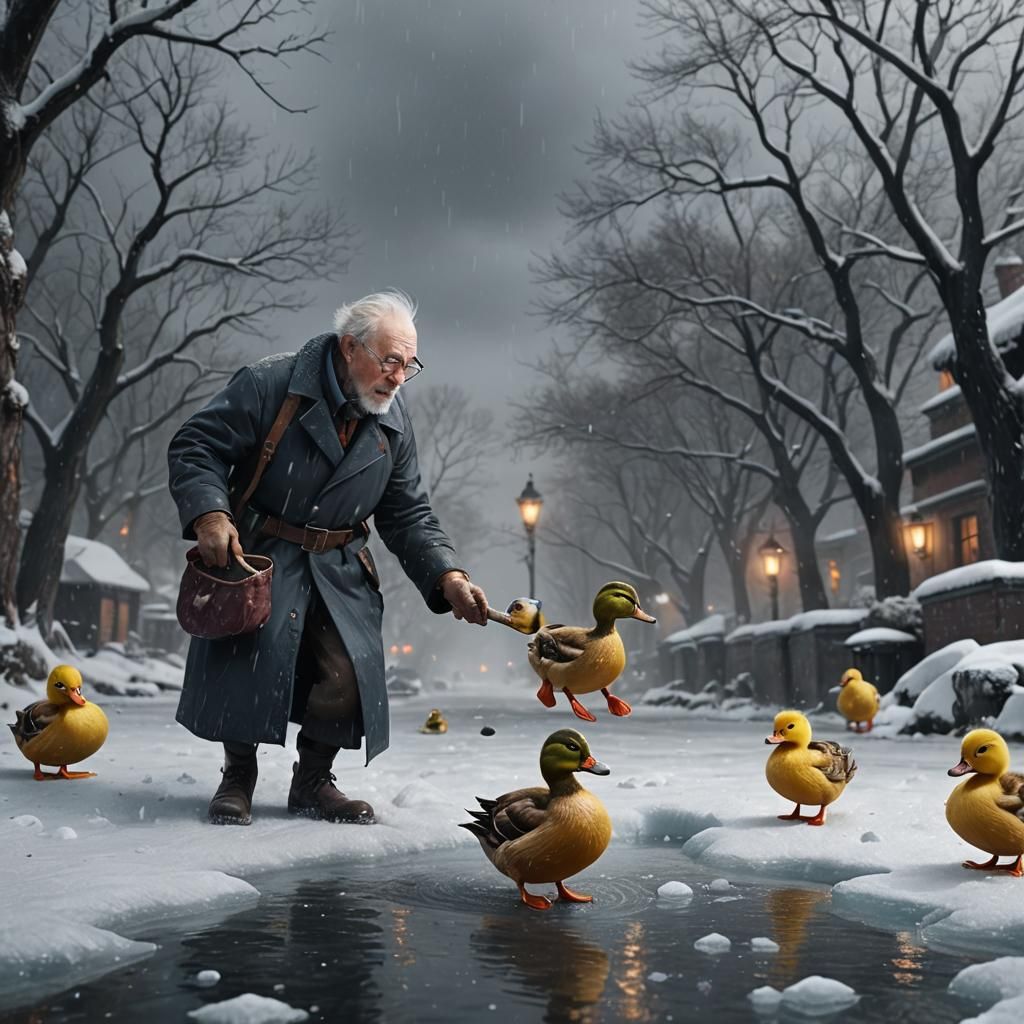 Elderly Man Rescues Duckling: Fantasy Concept Art