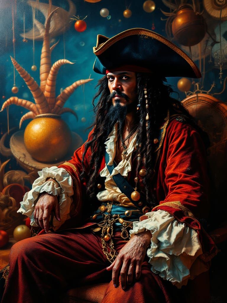 Surreal Portrait of Blackbeard with Astrolabe Stars