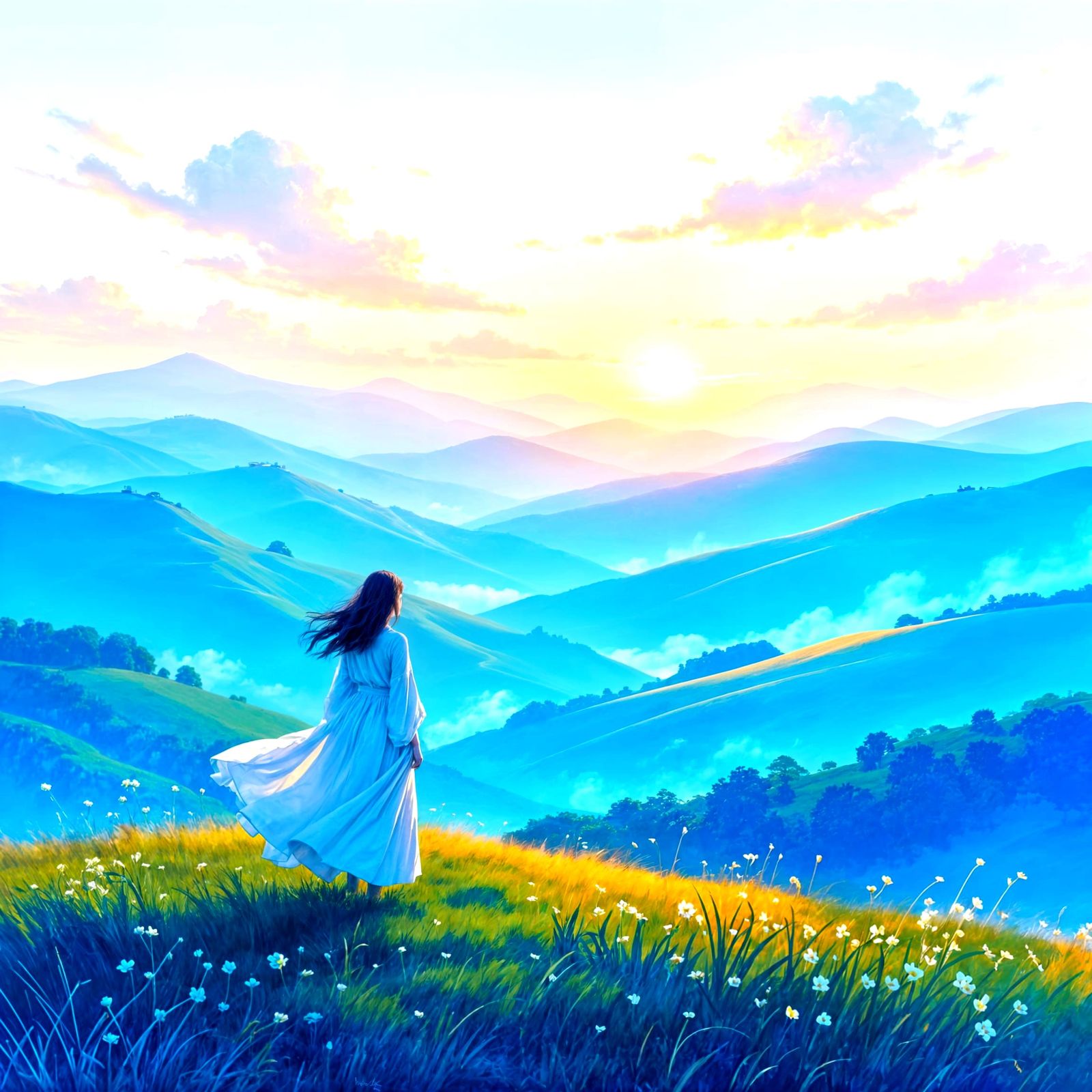 Dawn Over Hills in Dreamlike Watercolor Style