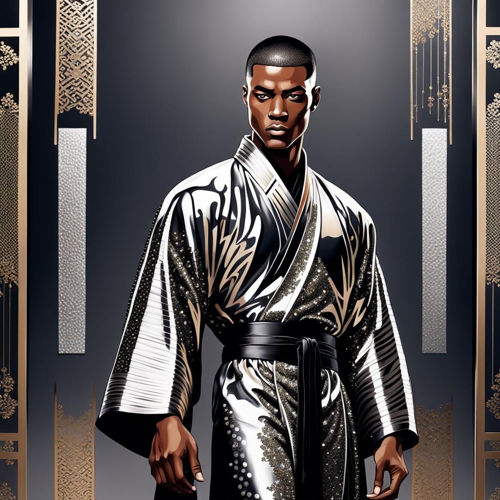 Dazzling Male Model in Avant-Garde Kimono Robe