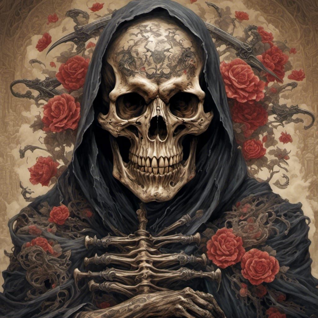 Tattooed Chinese Grim Reaper in Hyperreal Style