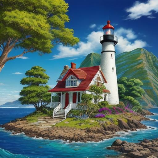 Island Lighthouse with Cottages in Art Brut Style