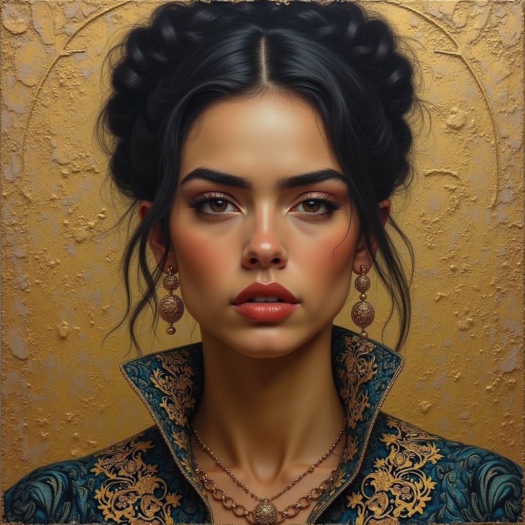 Realistic Portrait with Embossed, Golden Filigree Details