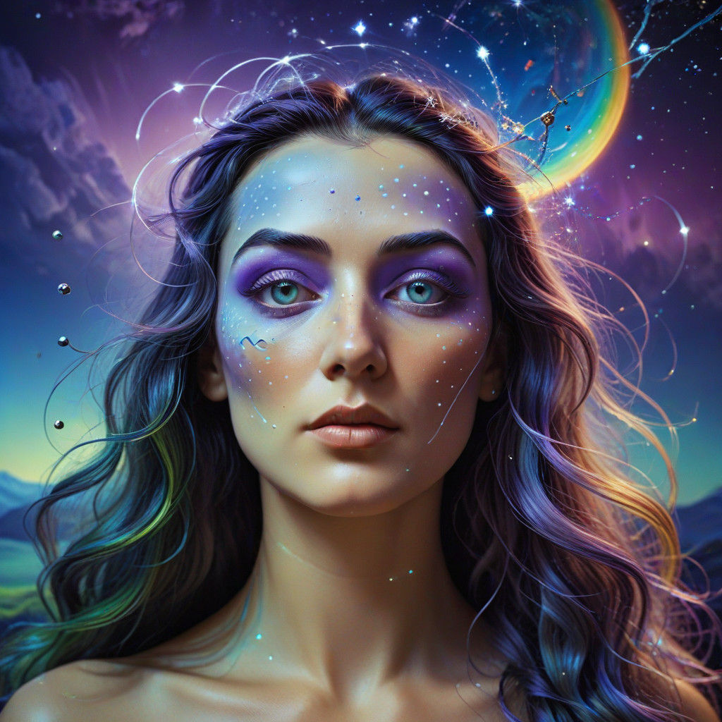 Whimsical Dream Goddess with Glowing Planets in Hair, Rainbo...