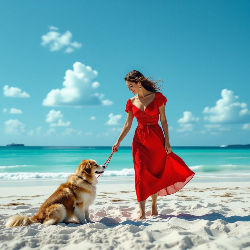 Woman and Dog on Beach in Cinematic Style