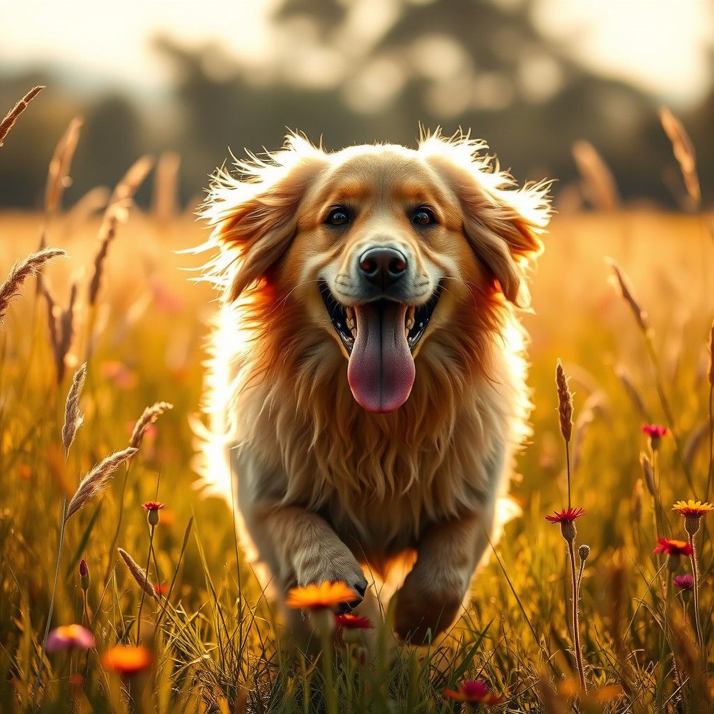 Happy Golden Retriever Runs Through Wildflower Field