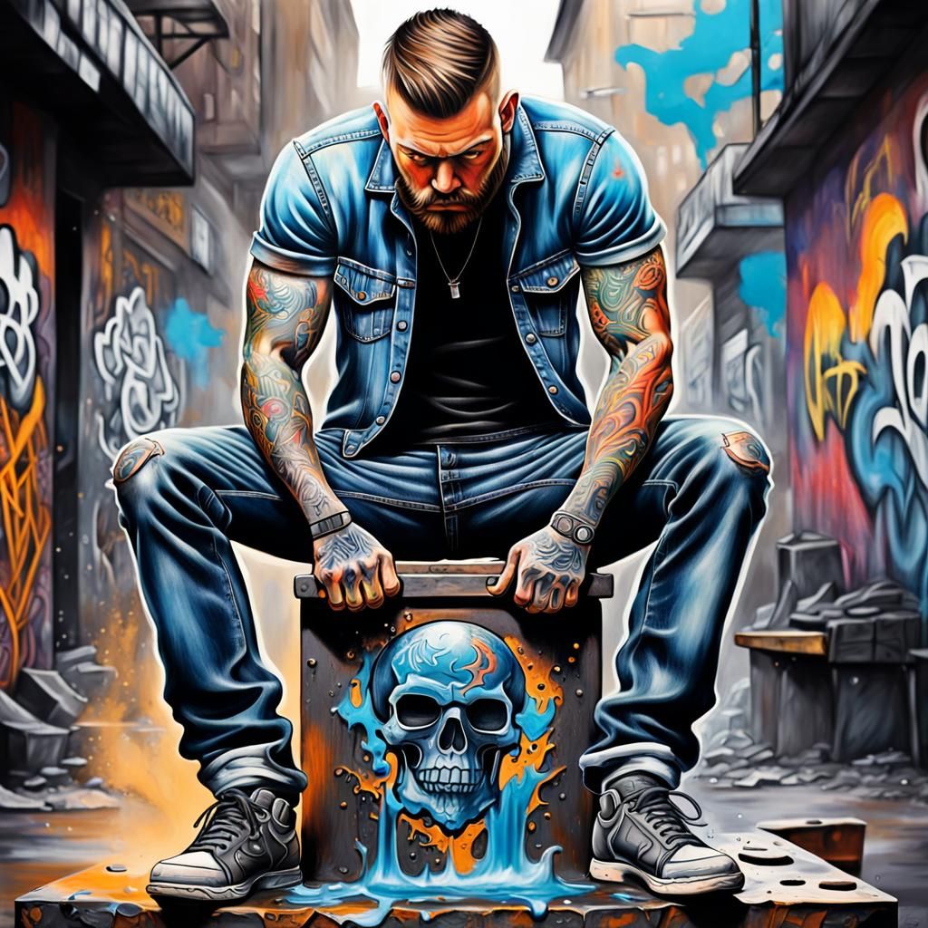 Tattooed Man on Anvil in Graffiti Art Style
