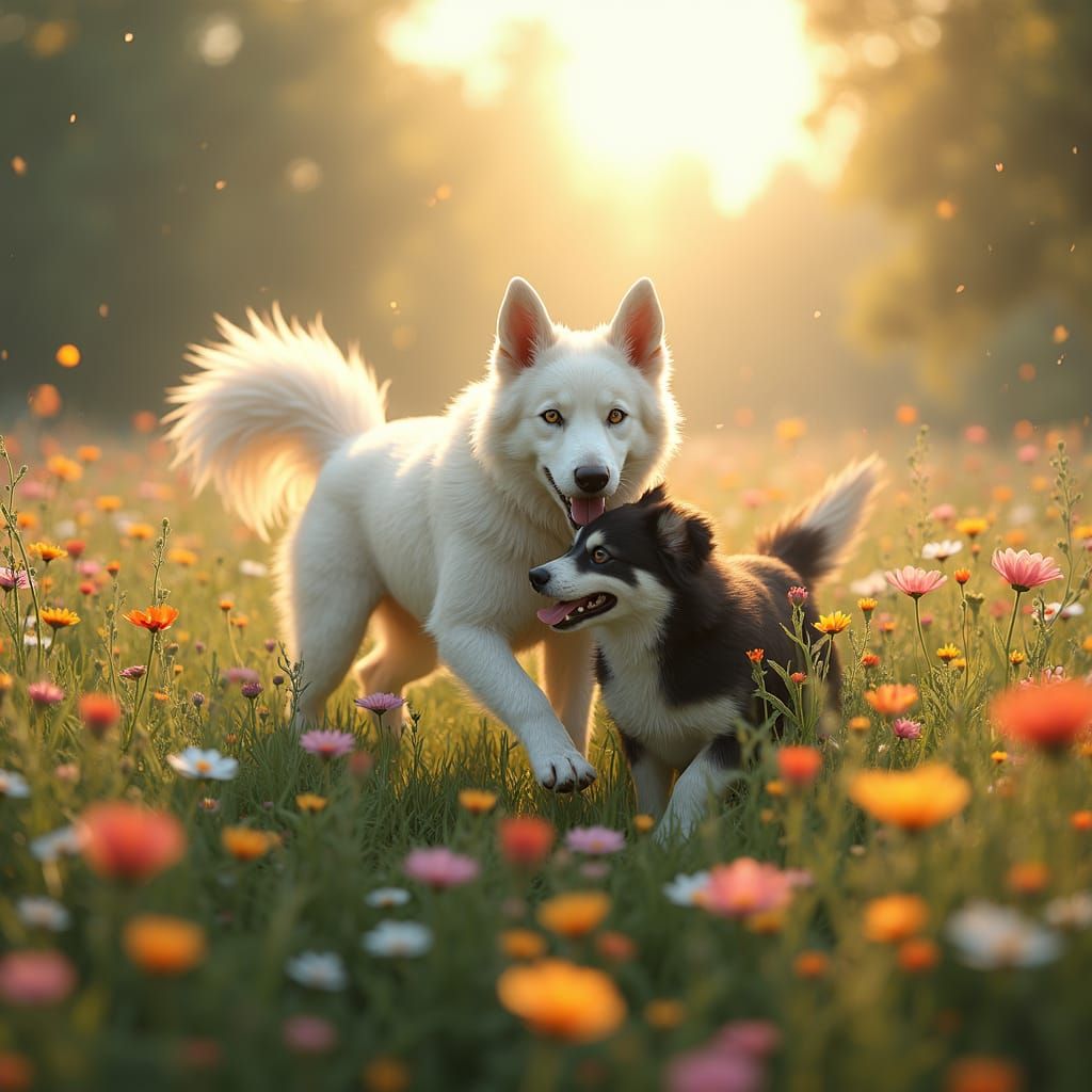 Dogs in Vibrant Meadow under Golden Light