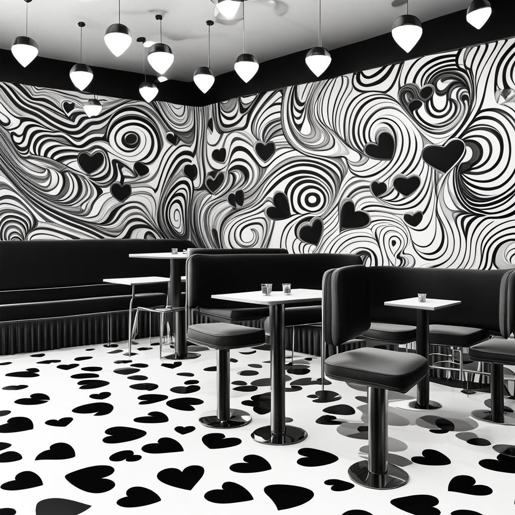 Monochrome Cafe Interior with Abstract Fractal Design