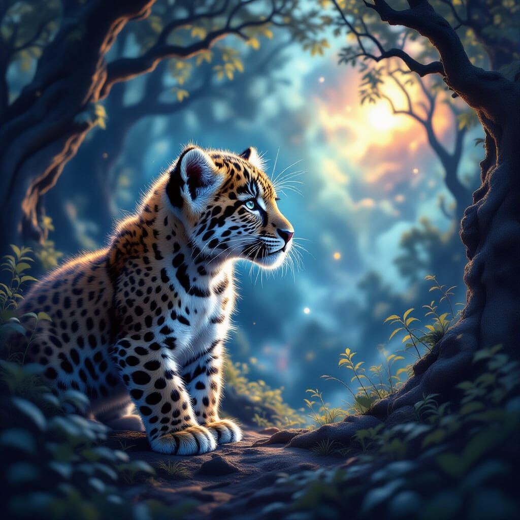 Majestic Jaguar Cub in Cosmic Nebula Forest