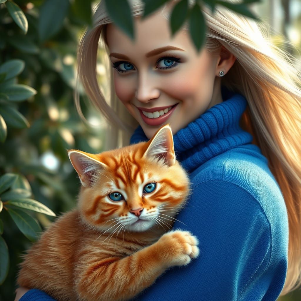 Surreal Portrait of Blonde Woman and Ginger Cat in Royal Blu...