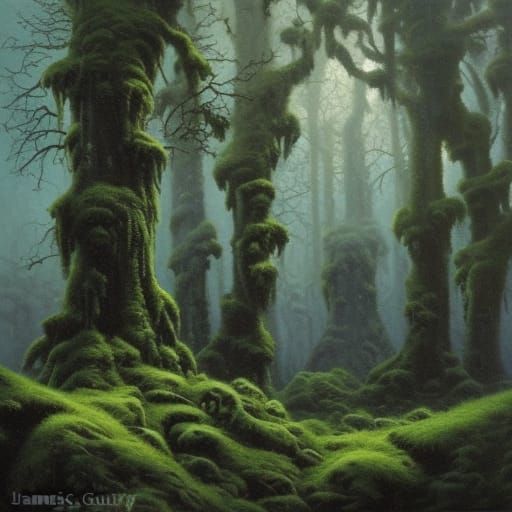 Dark Castle in Foggy Evergreen Forest, Oil Painting