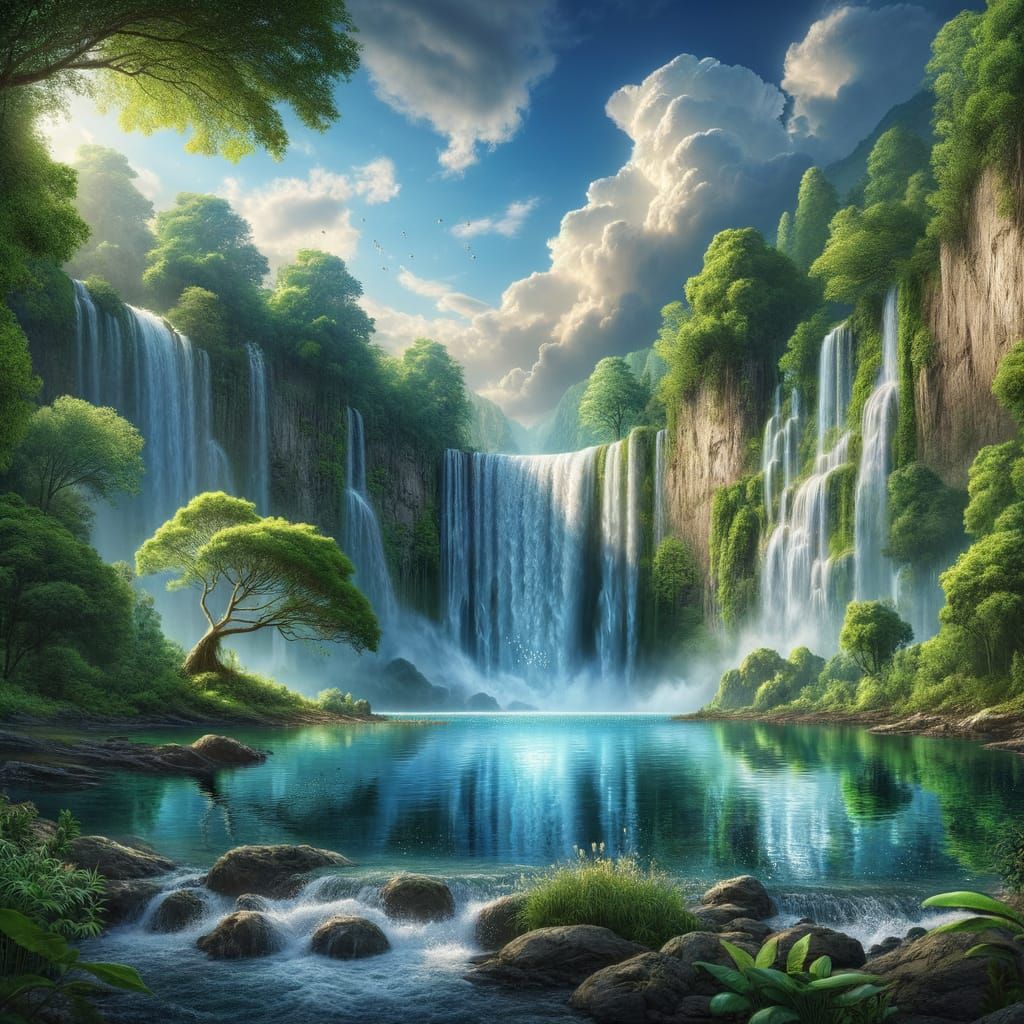 Breathtaking Waterfall Scene with Lush Greenery