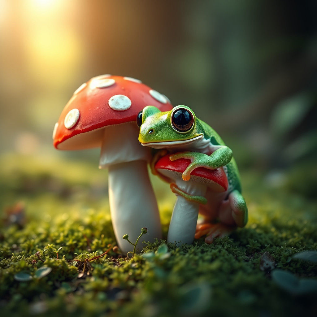 Tree Frog on Mushroom in Lush Forest