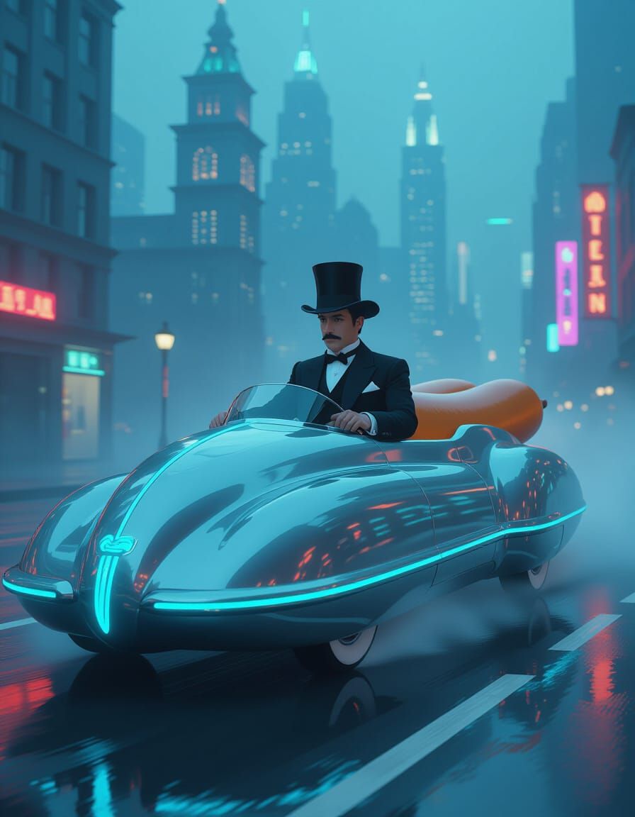 Tesla Drives Hotdog Car in Cyberpunk Cityscape