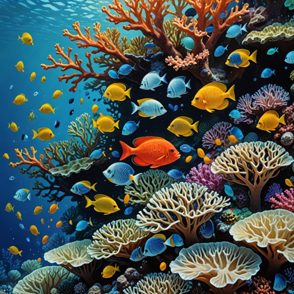 Vibrant Coral Reef Scene in Impressionist Oil Painting