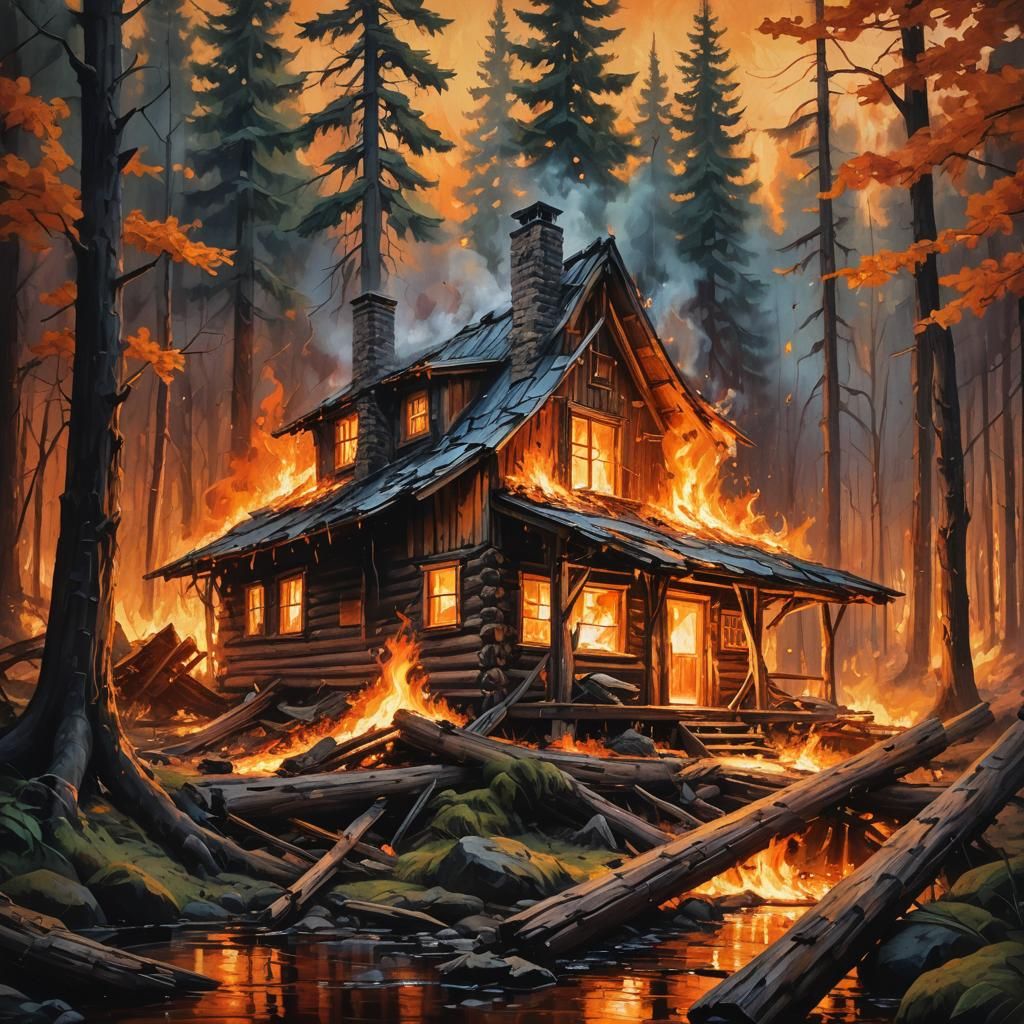 Cabin Ablaze: An Oil Painting of Forest Fire
