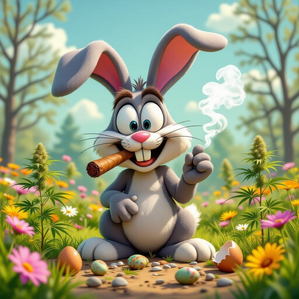 Cheerful Easter Bunny Smokes Ganja in a Whimsical Spring Lan...