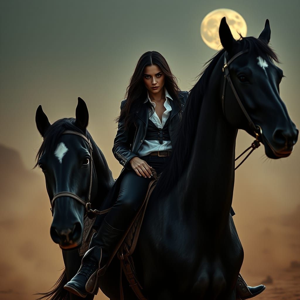 Mysterious Cowgirl Rides Majestic Stallion Under Moonlit Wil...