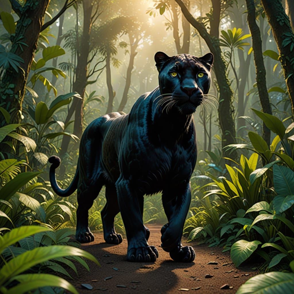 Majestic Black Panther Stalks Lush Jungle in Vibrant Pixar S...