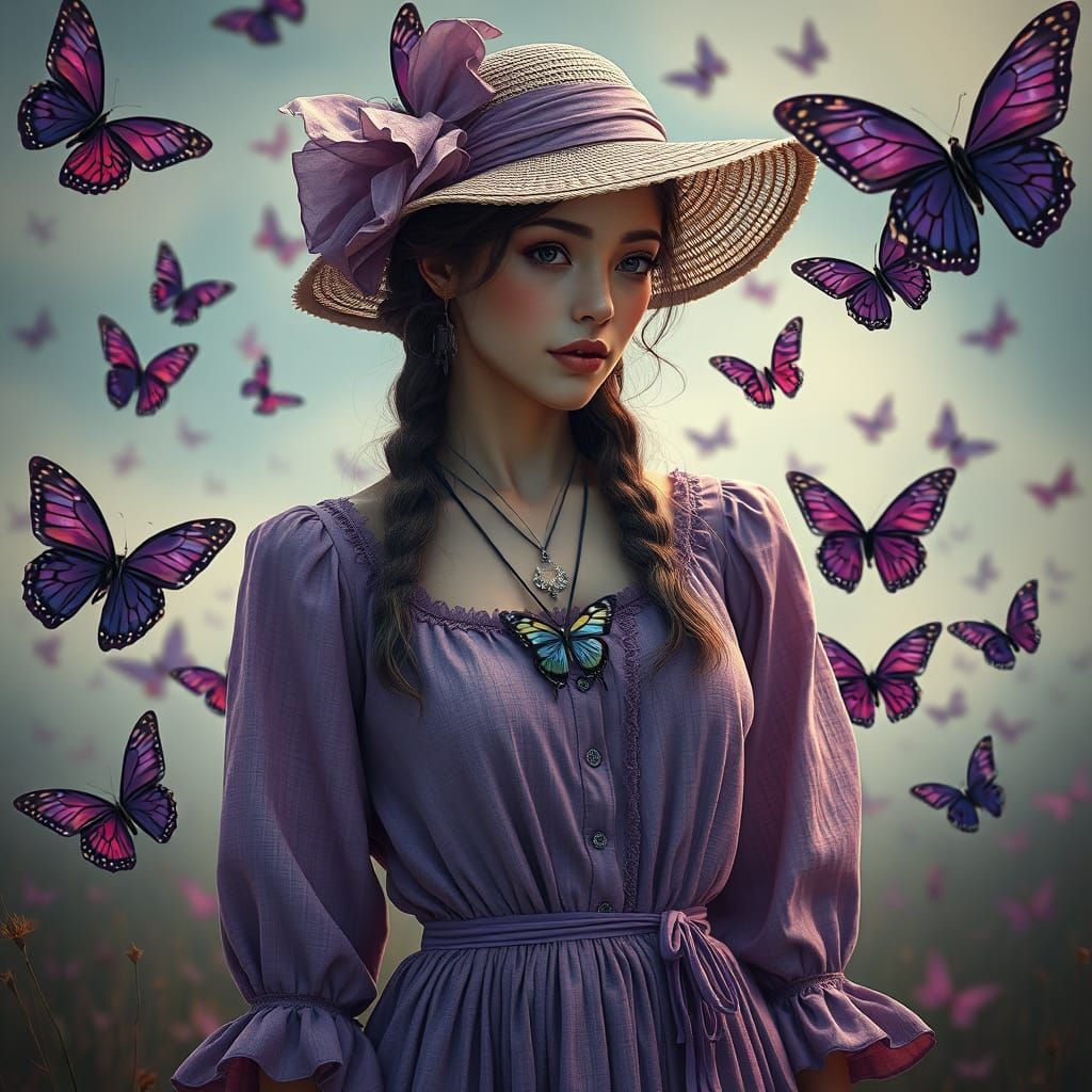 Vintage Model with Butterflies in Fantasy Art Style