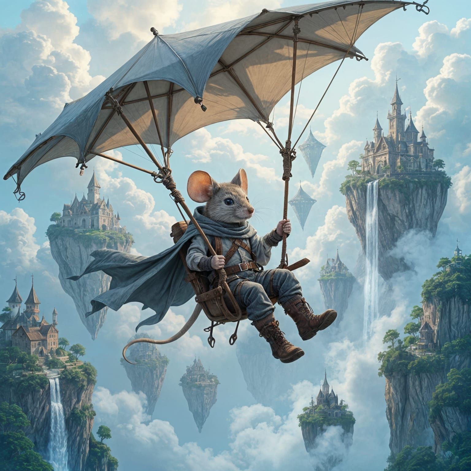 Anthropomorphic Mouse Flying Hang Glider Among Floating Isla...