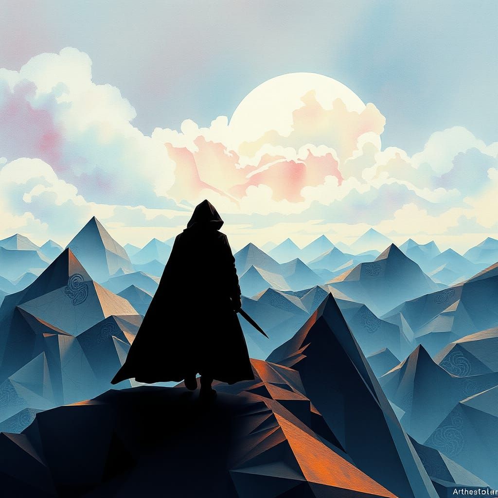 Ethereal Traveler in Origami Mountainscape