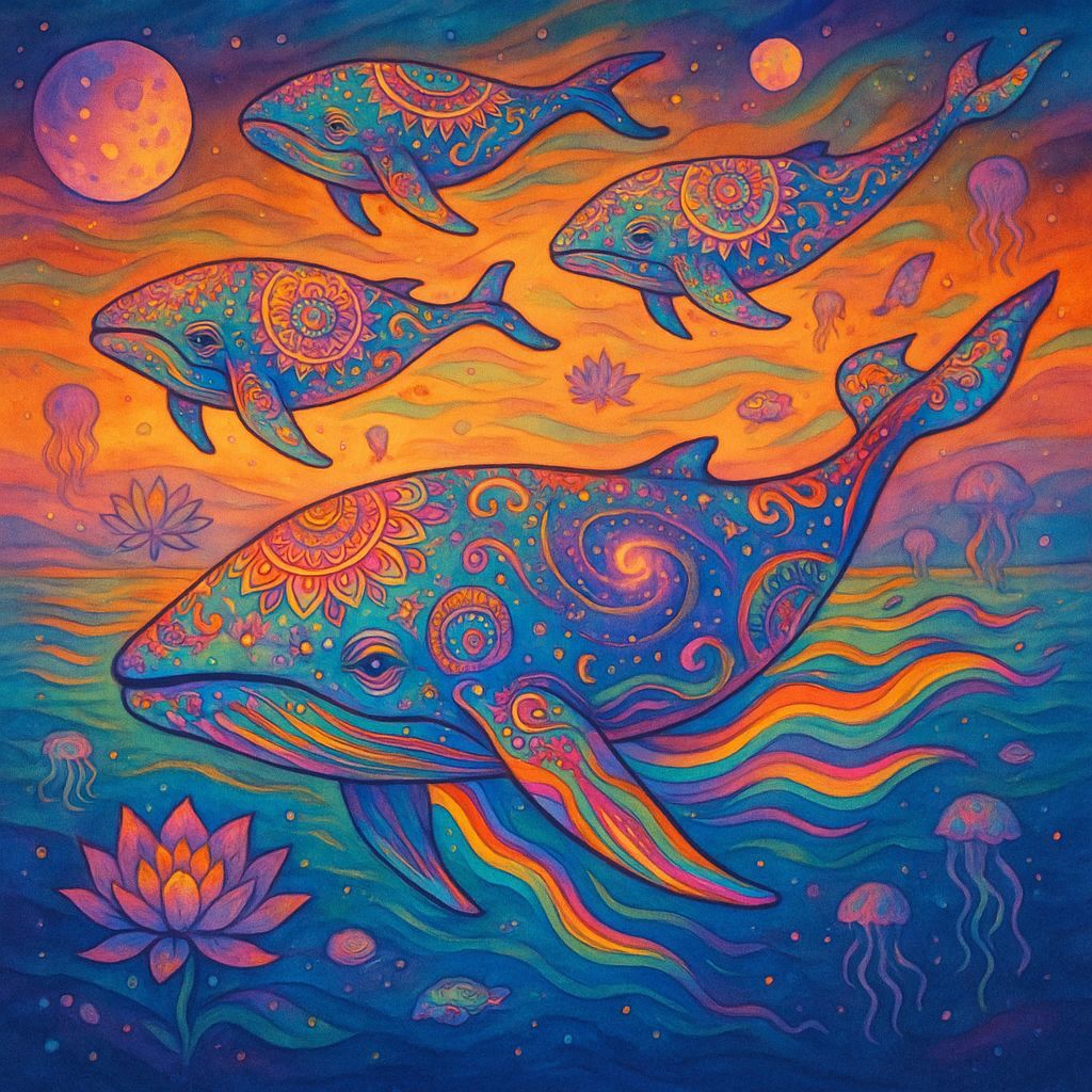 Psychedelic Space Whales Soaring Through Cosmic Ocean