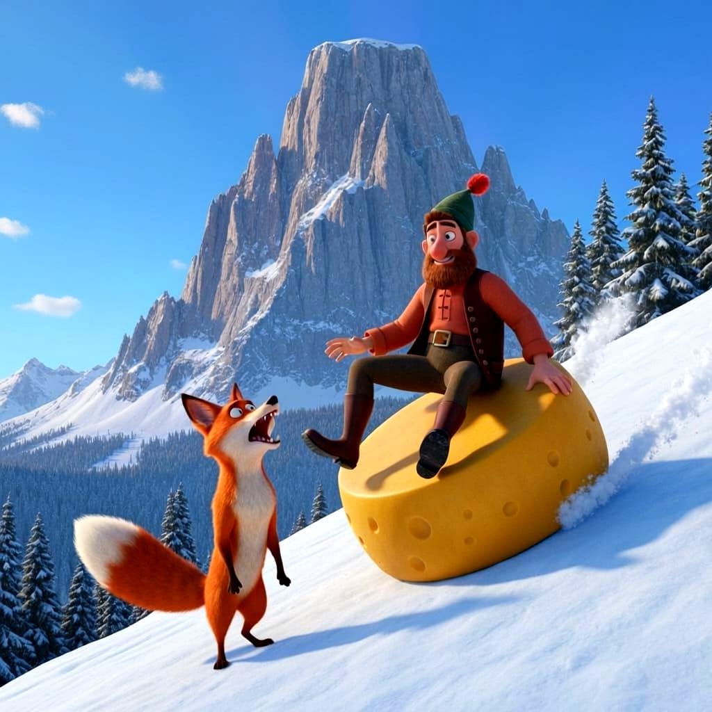 Man Rides Giant Cheese Down Snowy Mountain with Fox