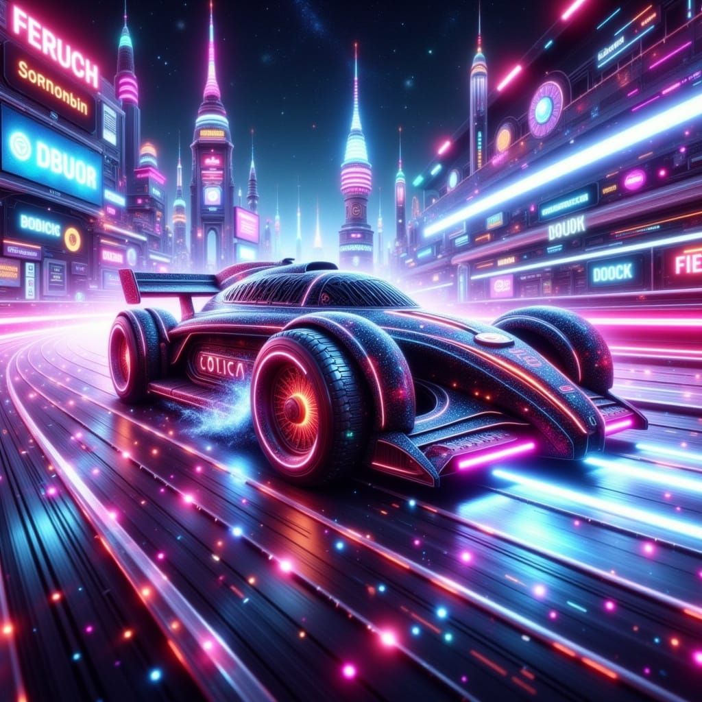 Surreal Zodiac Racing Scene in Cyberpunk Style