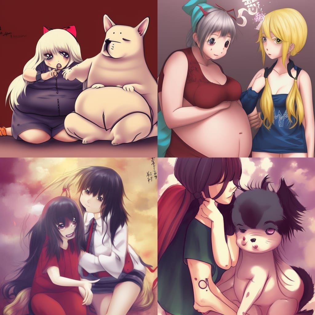 Overweight Dog and Owner in Anime Style