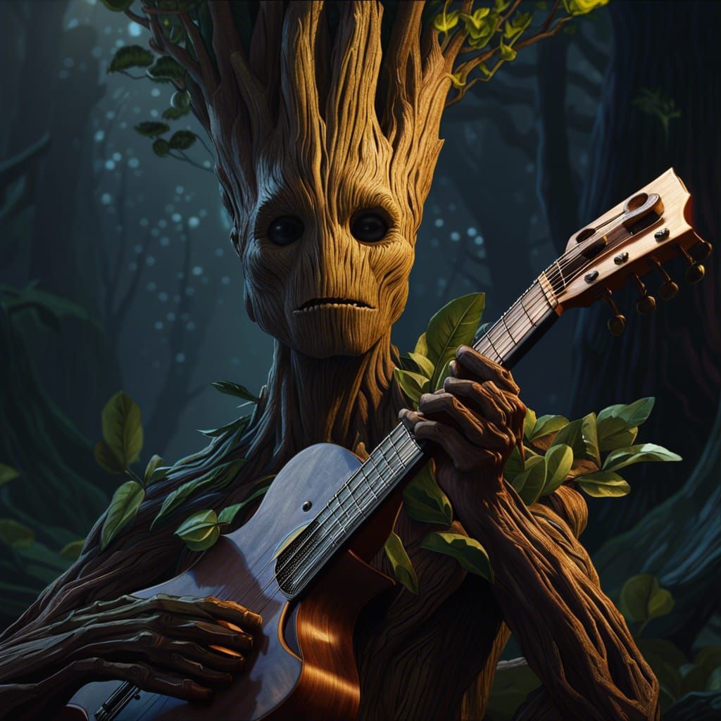 Tree Person Portrait Playing Lute: Dark Fantasy Art