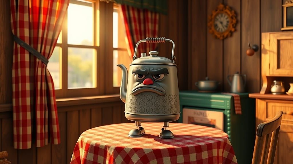 Grumpy Pixar-Style Tin Teapot in Cozy Kitchen