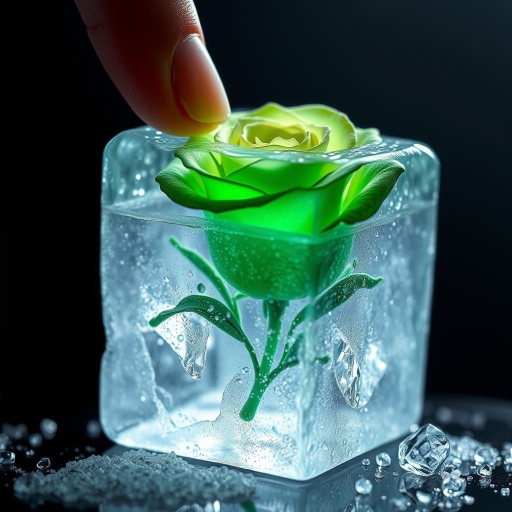 Surreal Close-Up of Glowing Green Rose in Crystal Clear Ice ...