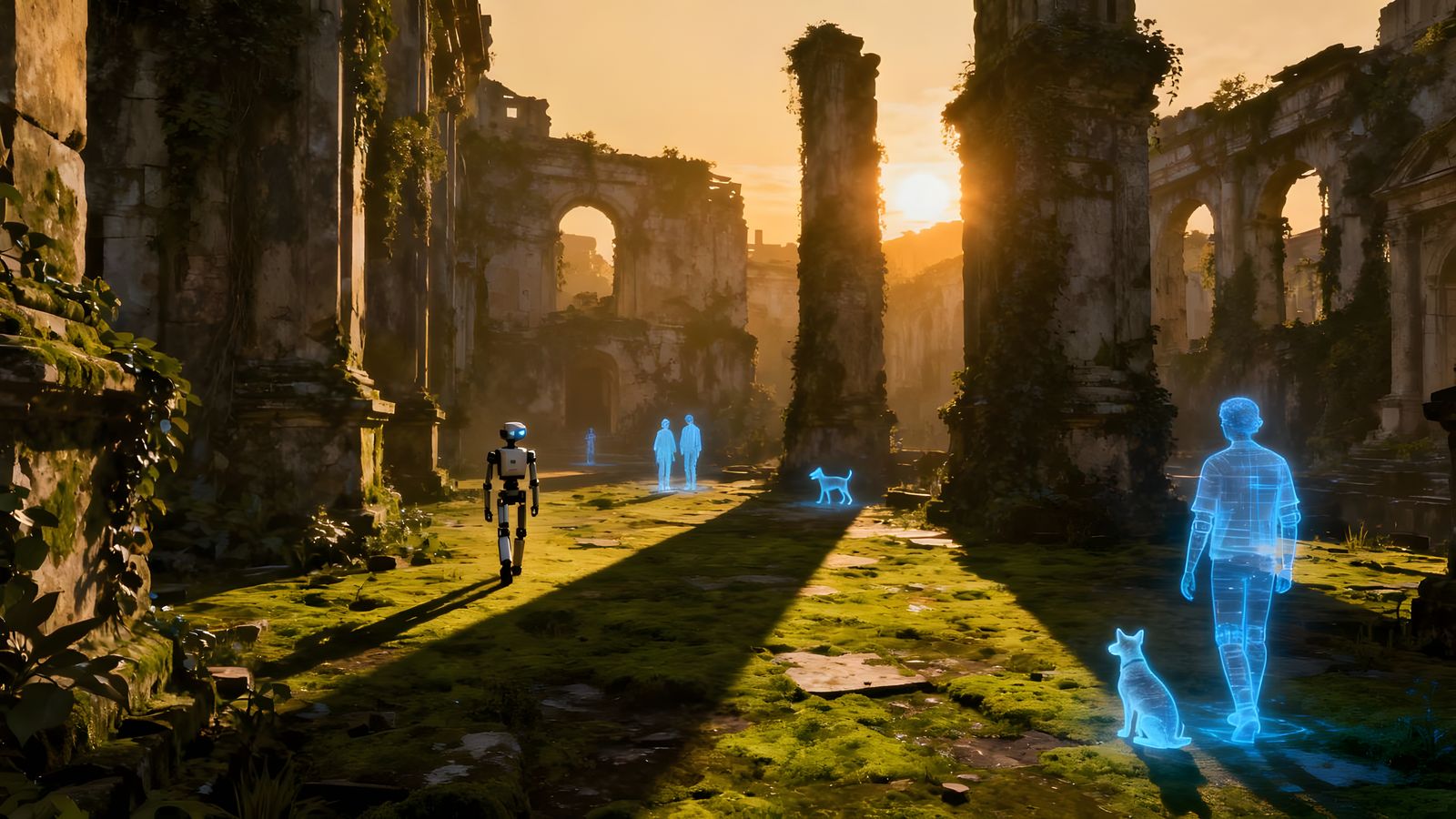 Robot in Overgrown City Ruins Under Dying Sun