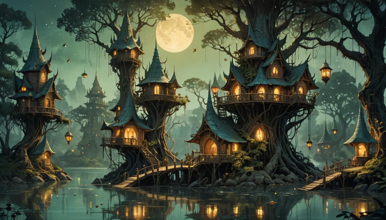 Enchanted Elven Treehouses in Lush Forest