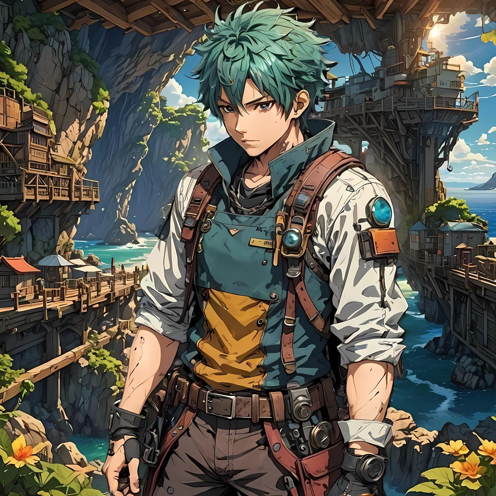 Anime Seascape with Distant Seaside Port