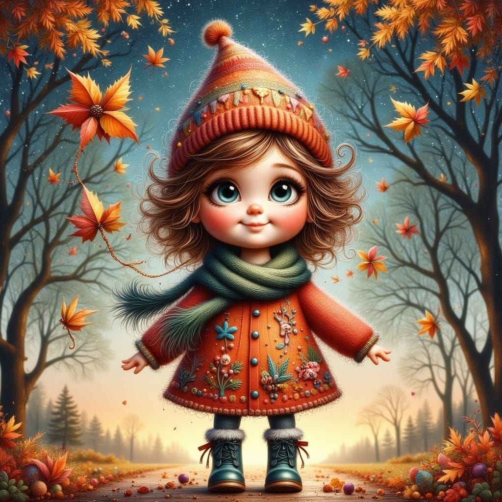 Charming Child with Kite in Autumn Forest